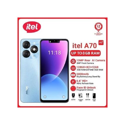 Itel A70 128GB+8(3+5)GB / 256GB+12(4+8)GB RAM 4G Network Dual SIM 13MP Camera 5000mAh 6.6-inch HD+Water Drop Full Screen Smartphone Fingerprint and Face Unlock